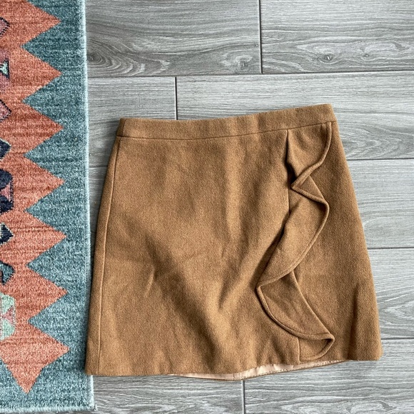 J. Crew| Wool, Laine Brown-Tan Mini Skirt with Ruffle Detail—Size 0••• - Picture 2 of 14